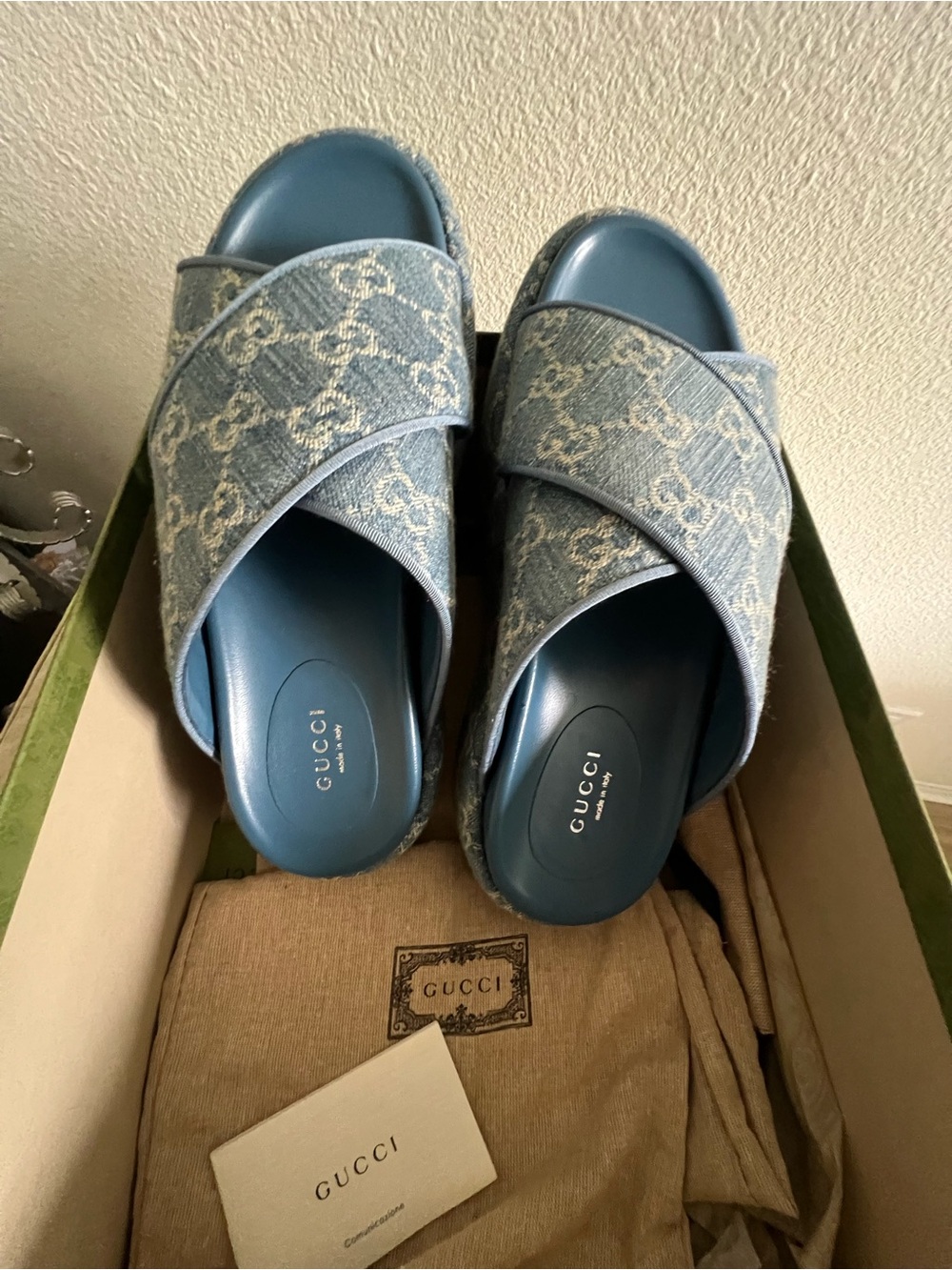 Gucci Light Blue GG Canvas Cross-Strap Slide Sandals 38.5